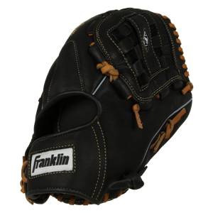 Side view of a black Franklin baseball glove with tan lacing and white stitching.