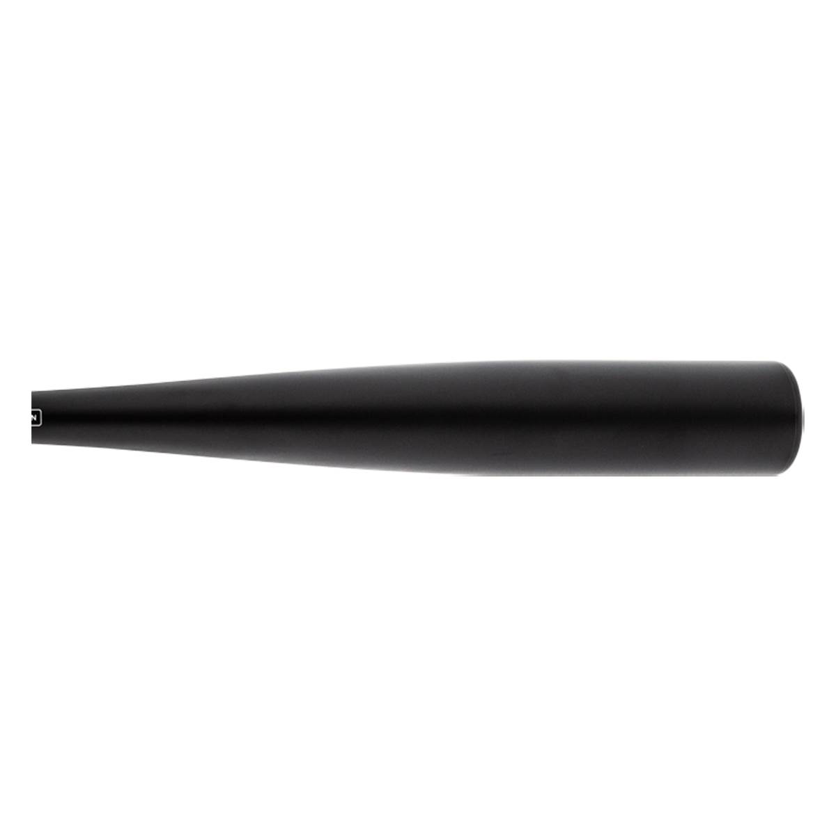 Side view of a black baseball bat with a tapered barrel and a square end cap.