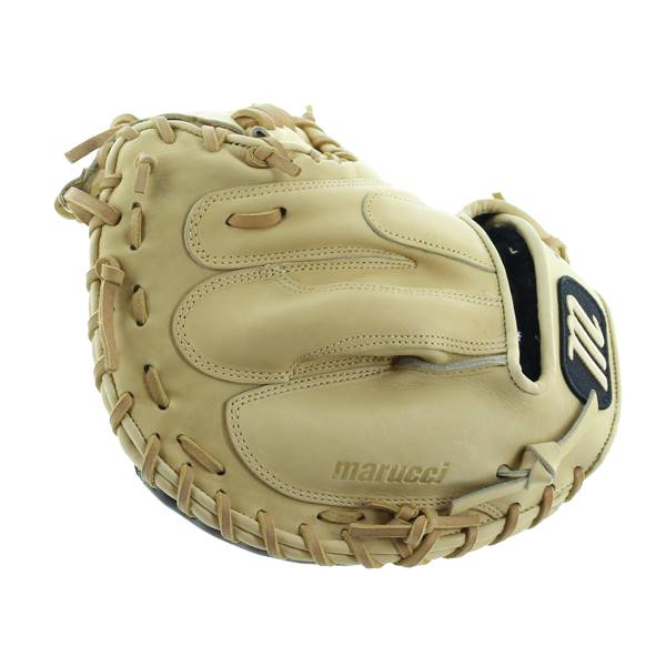 Front view of a tan catchers mitt with marucci branding and a black logo.