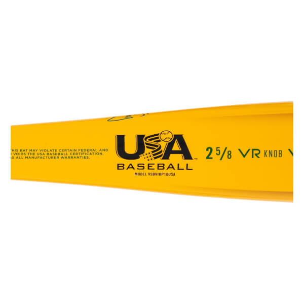 Angled close-up of a yellow baseball bat with a black USA BASEBALL logo, 2 5/8 VR KNOB text, and warning label.