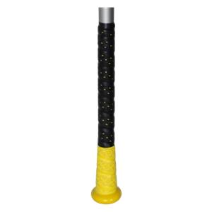 Close-up of a black baseball bat grip with yellow dots and a yellow knob.