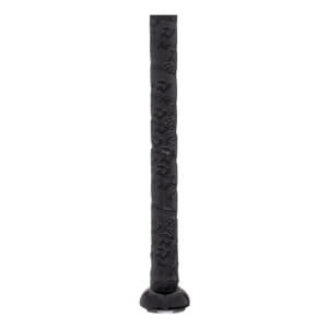Handle view of a black fastpitch softball bat with an embossed grip pattern and a shiny rounded knob.
