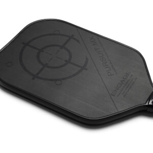 Corner view of a black pickleball paddle with a target design and PURSUIT MX and ENGAGE branding.