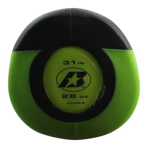 End view of a black and green baseball bat with 31 IN. and 28 oz. text and a star logo.