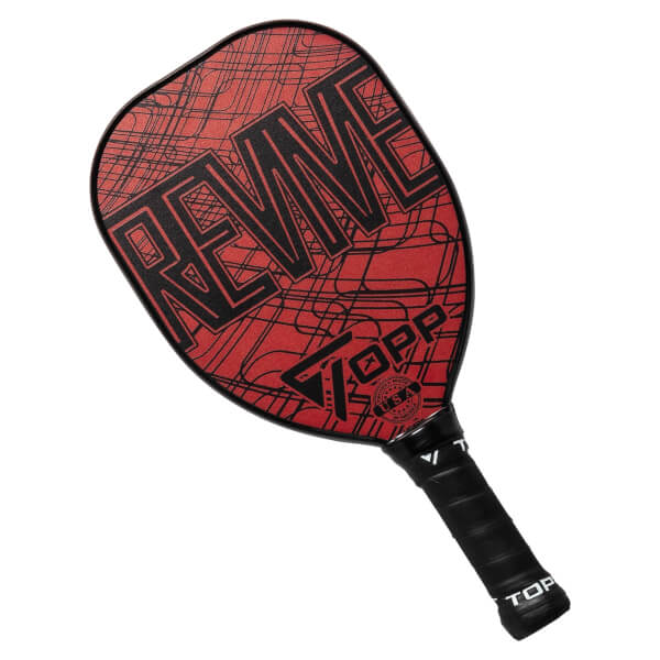 Top-down view of a red pickleball paddle with black REVIVE lettering and a TOPP USA logo.