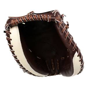 Inside view of a brown and cream catchers mitt with white stitching and visible Mizuno branding.