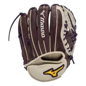 Front view of a brown and tan softball glove with purple lacing and a yellow Mizuno logo.