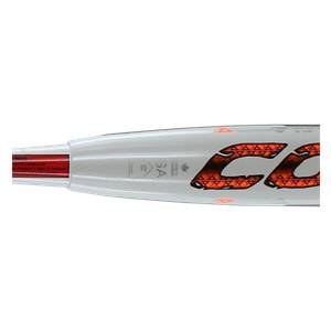 Side view of a white softball bat with orange CC logo and SA certification.
