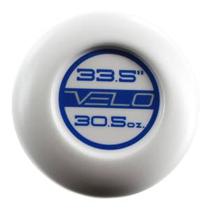 End view of a white baseball bat with blue VELO branding, 33.5 length, and 30.5 oz weight.