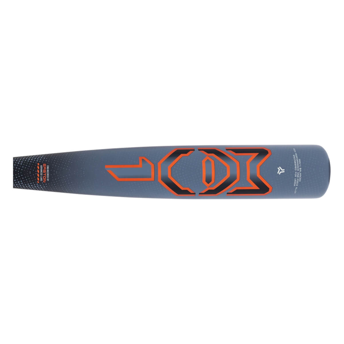 Side view of a gray baseball bat with a large orange MAV1 graphic, a black patterned grip, and white text.