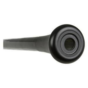 End view of a black baseball bat with concentric rings on the knob.