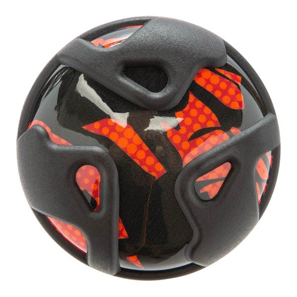 End cap view of a black baseball bat with orange and white camouflage pattern and black plastic accents.