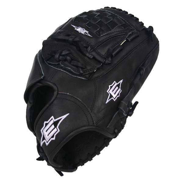 Top-down view of a black baseball glove with white Easton logos and a woven palm.