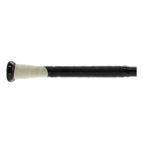 Side view of a black baseball bat with a white grip and black end cap.