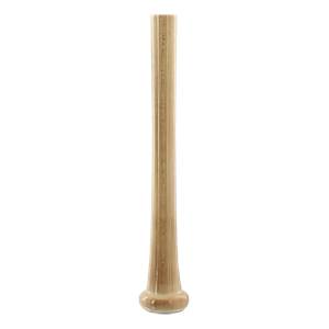 Bottom view of a natural wood baseball bat with a flared knob and ribbed handle.