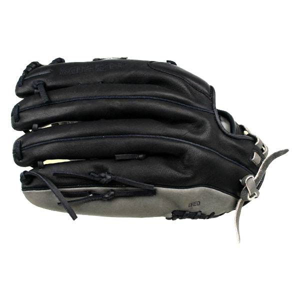 Side view of a black baseball glove with grey palm and Miken branding.