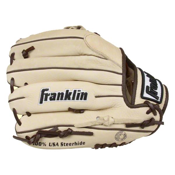 Side view of a tan baseball glove with Franklin logo and 100% USA Steerhide text.