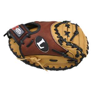 Top-down view of a brown and tan catchers mitt with a white L logo and black lacing.