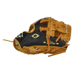 Side view of a black and tan baseball glove with a G logo and Elite text.