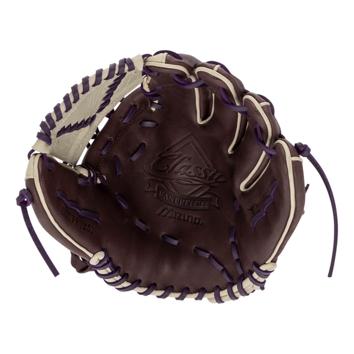 Front view of a brown softball glove with white and purple lacing and Classic Fastpitch Mizuno embossed on the palm.