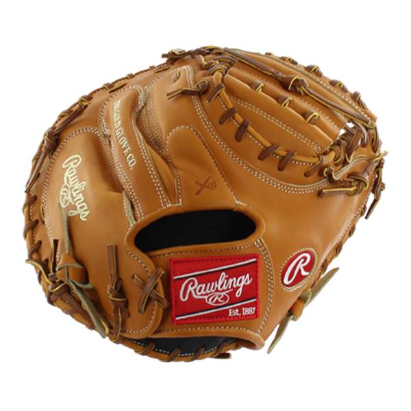 Front view of a tan Rawlings catchers mitt with a red Rawlings logo patch and Est. 1887 text.