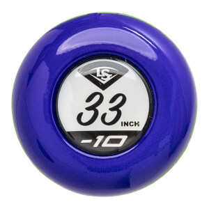 Top-down view of a glossy purple bat end cap with a white circular insert displaying the LS logo, 33 INCH, and -10.