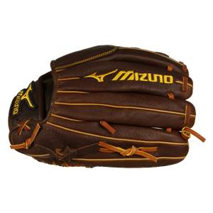 Top-down view of a brown baseball glove with yellow Mizuno branding and tan lacing.