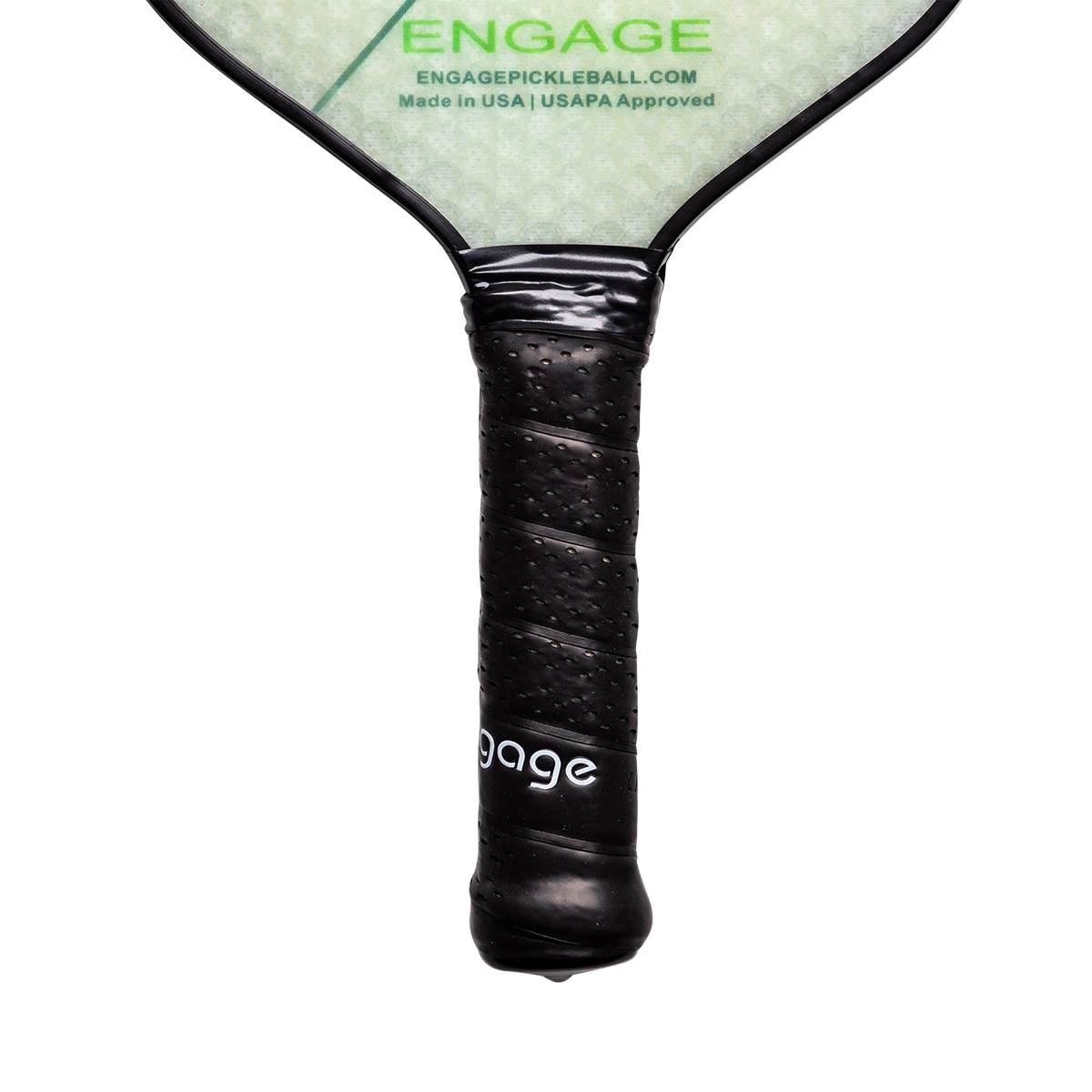 Top-down view of a black pickleball paddle grip with white engage text and textured surface.