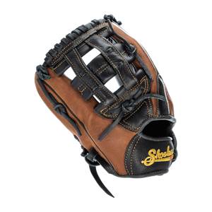 Side view of a brown and black baseball glove with a woven web and gold Shoeless Joe embroidery.