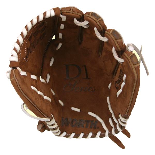 Top-down view of a brown baseball glove with white stitching, D1 Series text, and WORTH. branding.