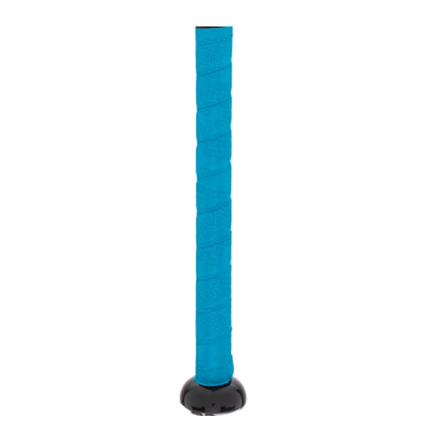 Close-up of a blue softball bat grip with a black end cap.