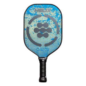 Front view of a blue pickleball paddle with HELIX logo, circular graphic, and USA PICKLEBALL APPROVED text.