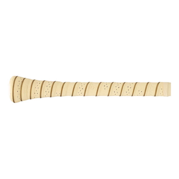 Close-up of the tan baseball bat grip with diagonal brown stripes and perforated texture.