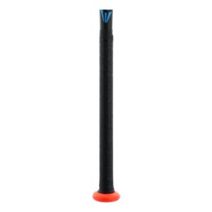 Side view of a black slow pitch softball bat with a blue Easton logo and an orange knob.