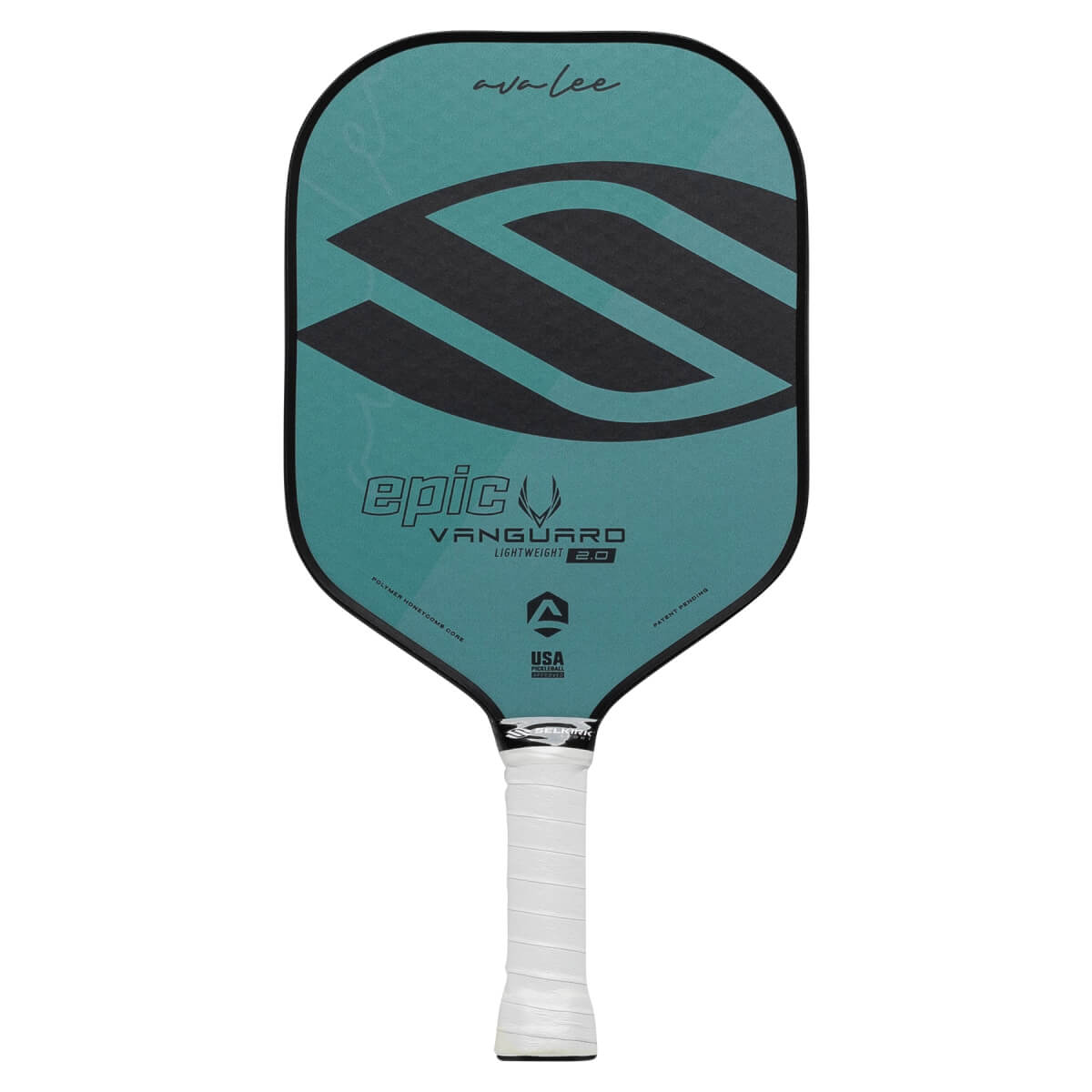 Front view of a teal pickleball paddle with a black S graphic, epic VANGUARD LIGHTWEIGHT 2.0 text, and a white grip.