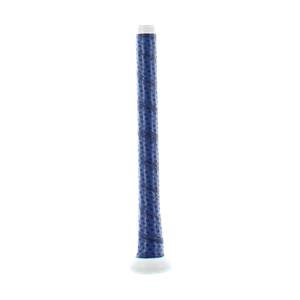Close-up of a blue baseball bat grip with white end cap and textured pattern.