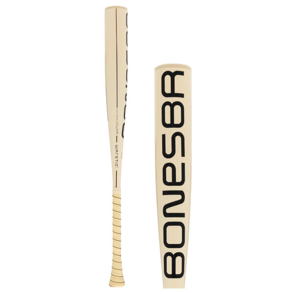 Side view and close-up of a cream baseball bat with a wrapped grip, WARSTIC text, and large black BONESBR on the barrel.