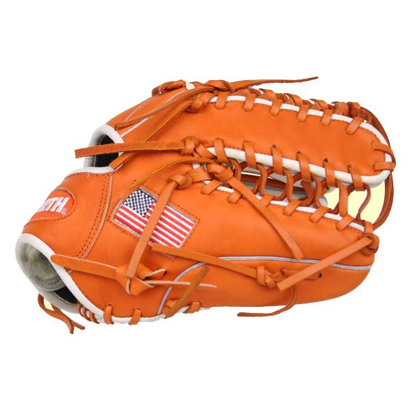 Side view of an orange baseball glove with an American flag patch and white lacing.