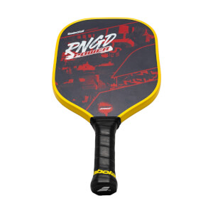 Front view of a yellow pickleball paddle with black and red RNGD Power graphics and a black grip.
