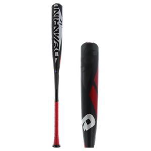 Side view of a black baseball bat with red grip and white VOODOO ONE text.