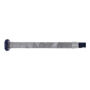 Side view of a black fastpitch softball bat with a gray patterned grip and Rawlings logo.