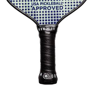 Top-down view of a black pickleball paddle with USA PICKLEBALL APPROVED text and ARMOUR branding.