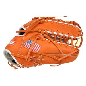 Side view of an orange baseball glove with an American flag patch and white lacing.