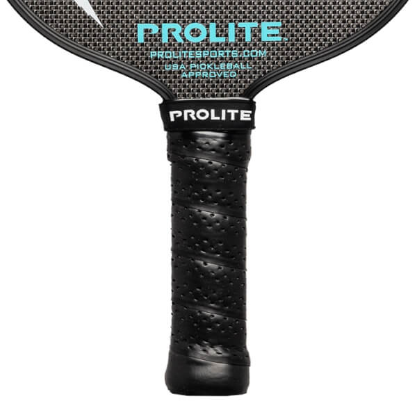 Top-down view of a black pickleball paddle with PROLITE branding and a perforated grip.