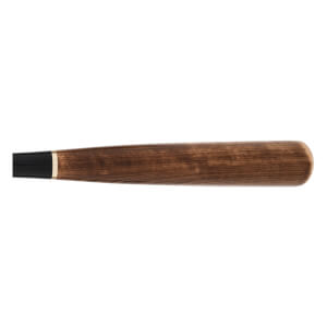 Side view of a brown birch baseball bat with a black knob and gold accent ring.