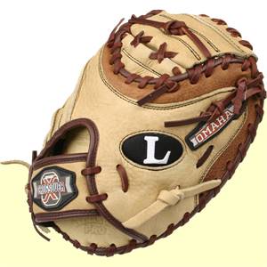 Top-down view of a tan Louisville Slugger Omaha catchers mitt with a black L logo and Crossover patch.
