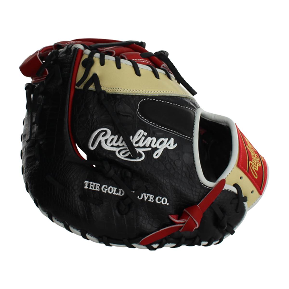 Side view of a black first base mitt with tan and red accents, Rawlings logo, and THE GOLD GLOVE CO. text.