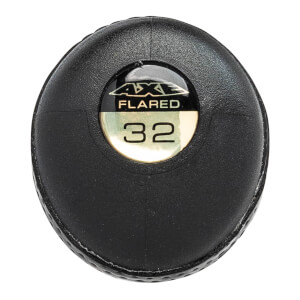 Bottom view of the black textured handle knob featuring a gold circular inset with the words AXE and FLARED above the number 32.