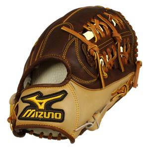 Front view of a brown and tan baseball glove with yellow stitching and a Mizuno logo.