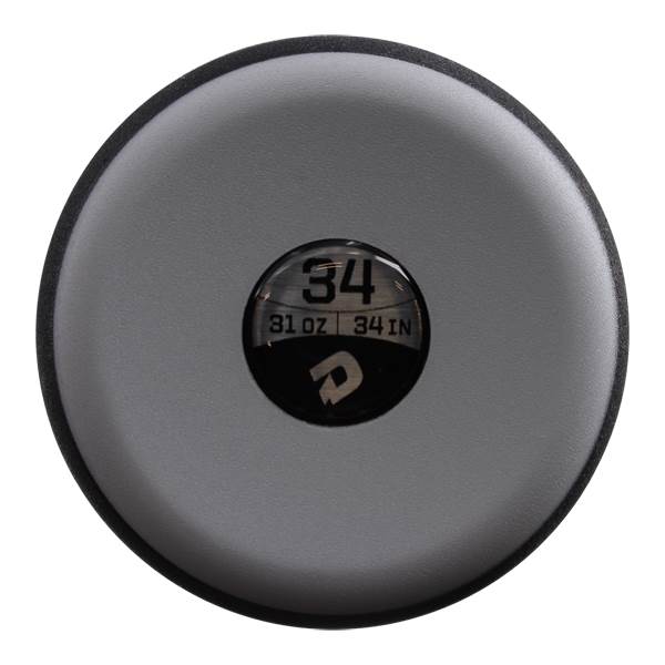 Top-down view of a gray baseball bat end cap with 34, 31 OZ, 34 IN, and a DeMarini logo.